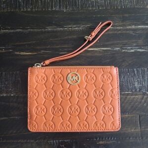 Michael Kors Leather Wristlet Zip Wallet Orange